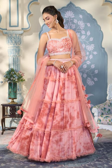 Buy_Two Sisters By Gyans X AZA_Orange Georgette Sequins, Pearls, Crystals, Tie Dye Pattern Lehenga Blouse Set _Online_at_Aza_Fashions