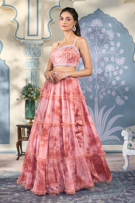 Shop_Two Sisters By Gyans X AZA_Orange Georgette Sequins, Pearls, Crystals, Tie Dye Pattern Lehenga Blouse Set _Online_at_Aza_Fashions