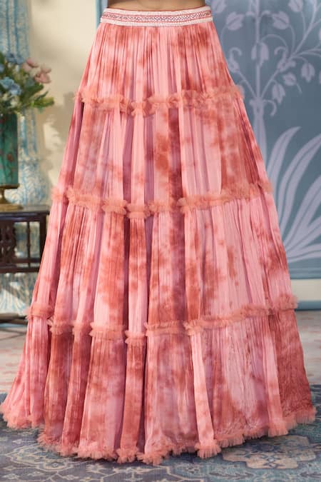 Buy_Two Sisters By Gyans X AZA_Orange Georgette Sequins, Pearls, Crystals, Tie Dye Pattern Lehenga Blouse Set 