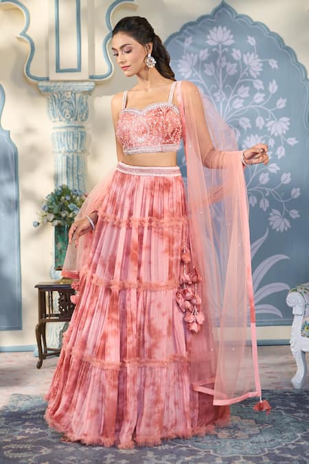 Shop_Two Sisters By Gyans X AZA_Orange Georgette Sequins, Pearls, Crystals, Tie Dye Pattern Lehenga Blouse Set 