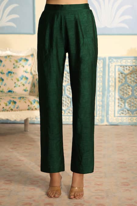 Two Sisters By Gyans X AZA_Green Satin, Chiffon Embroidery Mandarin Collar Zardozi Kurta Set _at_Aza_Fashions