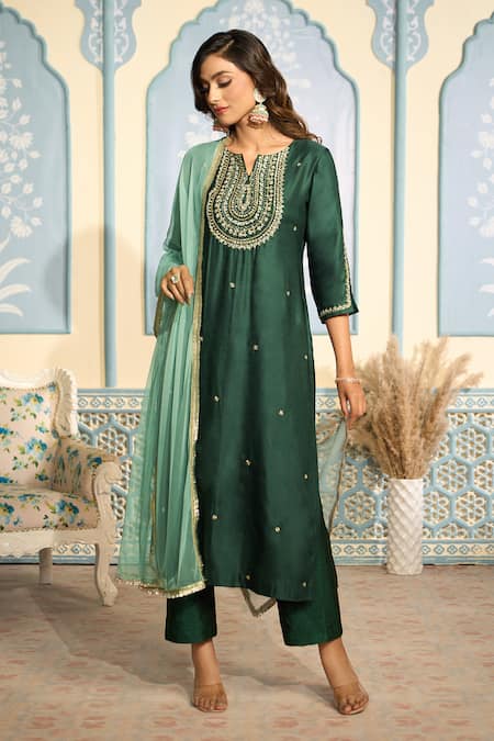 Shop_Two Sisters By Gyans X AZA_Green Satin, Chiffon Embroidery Mandarin Collar Zardozi Kurta Set 