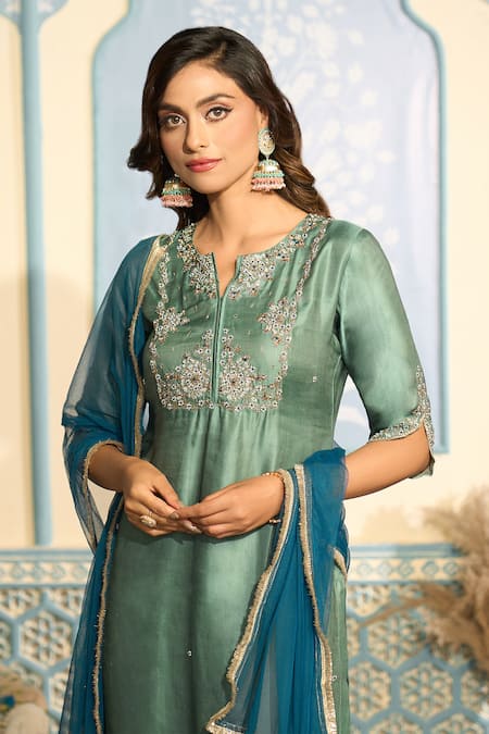 Shop_Two Sisters By Gyans X AZA_Green Satin, Organza Embroidery, Zari Split V-neck Zardozi Kurta Set 