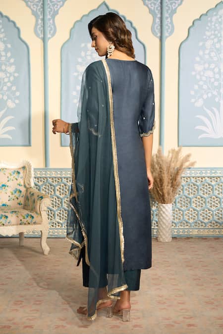 Two Sisters By Gyans X AZA Blue Satin, Net, Silk Embroidery, Zari, Diamonds Zardozi Straight Kurta Set Online at Aza Fashions Two Sisters By Gyans X AZA_Blue Satin, Net, Silk Embroidery, Zari, Diamonds Zardozi Straight Kurta Set _Online_at_Aza_Fashions
