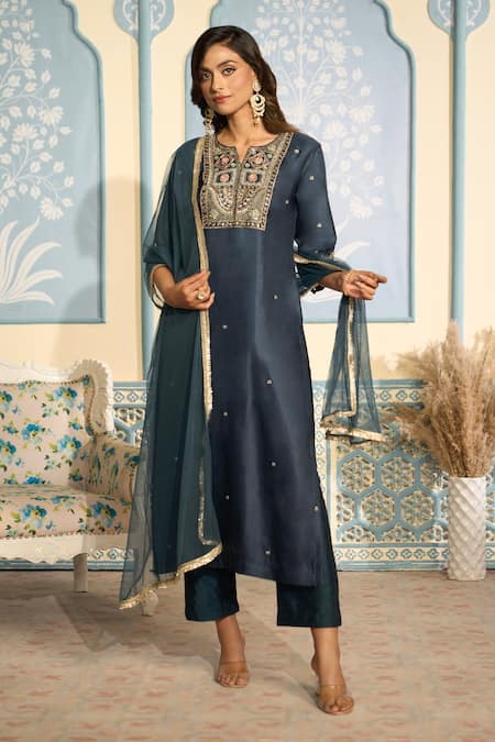 Two Sisters By Gyans X AZA Blue Satin, Net, Silk Embroidery, Zari, Diamonds Zardozi Straight Kurta Set at Aza Fashions Two Sisters By Gyans X AZA_Blue Satin, Net, Silk Embroidery, Zari, Diamonds Zardozi Straight Kurta Set _at_Aza_Fashions