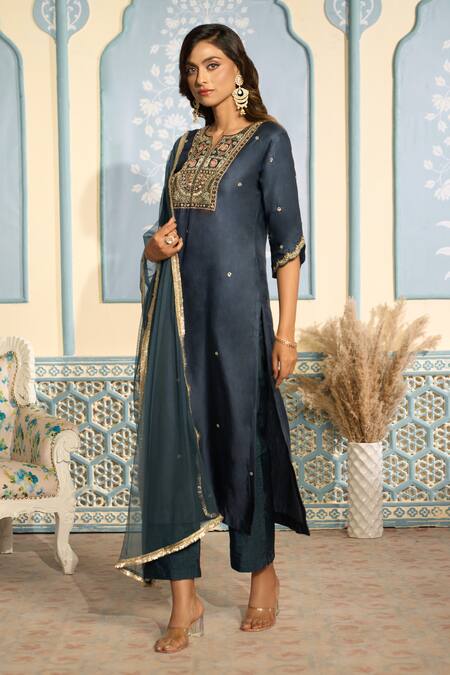 Buy Two Sisters By Gyans X AZA Blue Satin, Net, Silk Embroidery, Zari, Diamonds Zardozi Straight Kurta Set Buy_Two Sisters By Gyans X AZA_Blue Satin, Net, Silk Embroidery, Zari, Diamonds Zardozi Straight Kurta Set