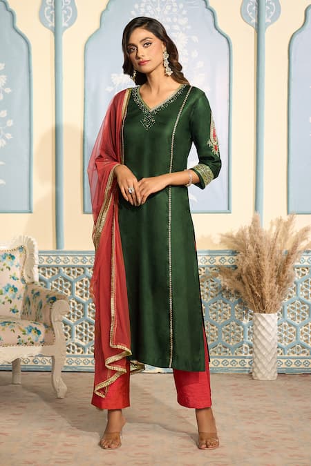 Two Sisters By Gyans x AZA Green Satin Embroidered Zardozi V Neck Straight Kurta Set 