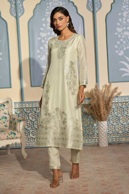 Buy Off White Tissue, Silk, Brocade Embroidery, Zari Round Floral