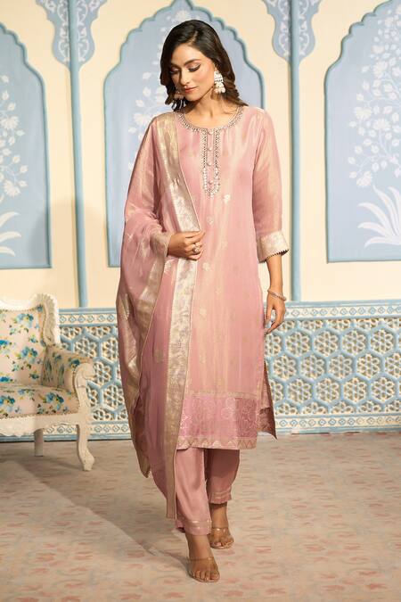 Two Sisters By Gyans Pink Tissue, Brocade Sequins, Mirrors, Embroidery Banarasi Woven Kurta Pant Set at Aza Fashions Two Sisters By Gyans_Pink Tissue, Brocade Sequins, Mirrors, Embroidery Banarasi Woven Kurta Pant Set_at_Aza_Fashions