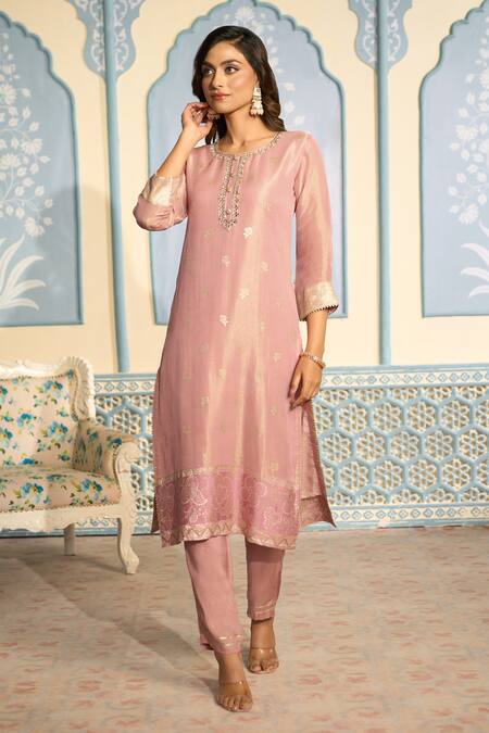 Buy Two Sisters By Gyans Pink Tissue, Brocade Sequins, Mirrors, Embroidery Banarasi Woven Kurta Pant Set Buy_Two Sisters By Gyans_Pink Tissue, Brocade Sequins, Mirrors, Embroidery Banarasi Woven Kurta Pant Set