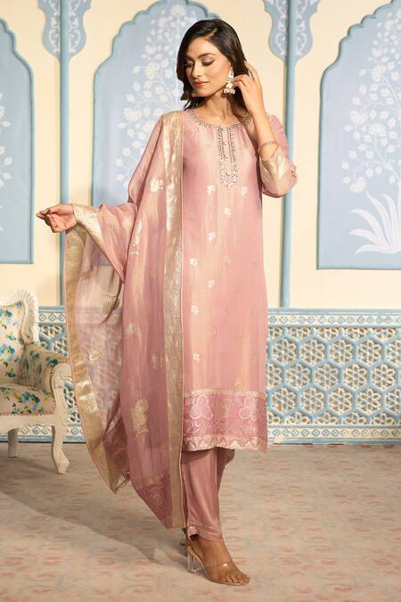 Shop Two Sisters By Gyans Pink Tissue, Brocade Sequins, Mirrors, Embroidery Banarasi Woven Kurta Pant Set Shop_Two Sisters By Gyans_Pink Tissue, Brocade Sequins, Mirrors, Embroidery Banarasi Woven Kurta Pant Set