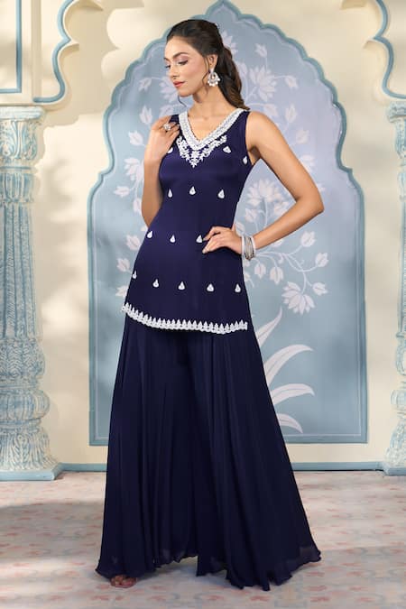 Buy Two Sisters By Gyans X AZA Blue Georgette, Net Pearls, Sequins, Cut Work Embroidered Kurta Sharara Set Online at Aza Fashions Buy_Two Sisters By Gyans X AZA_Blue Georgette, Net Pearls, Sequins, Cut Work Embroidered Kurta Sharara Set _Online_at_Aza_Fashions