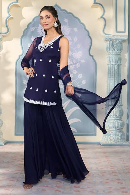 Two Sisters By Gyans X AZA Blue Georgette, Net Pearls, Sequins, Cut Work Embroidered Kurta Sharara Set at Aza Fashions Two Sisters By Gyans X AZA_Blue Georgette, Net Pearls, Sequins, Cut Work Embroidered Kurta Sharara Set _at_Aza_Fashions