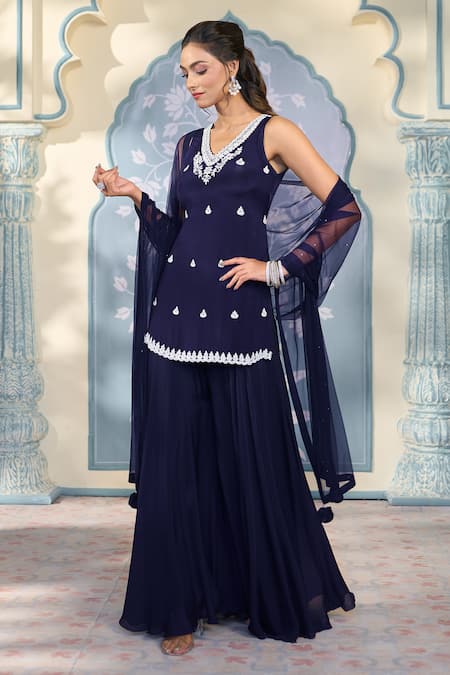Buy Two Sisters By Gyans X AZA Blue Georgette, Net Pearls, Sequins, Cut Work Embroidered Kurta Sharara Set Buy_Two Sisters By Gyans X AZA_Blue Georgette, Net Pearls, Sequins, Cut Work Embroidered Kurta Sharara Set