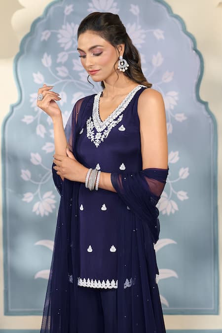 Shop Two Sisters By Gyans X AZA Blue Georgette, Net Pearls, Sequins, Cut Work Embroidered Kurta Sharara Set Shop_Two Sisters By Gyans X AZA_Blue Georgette, Net Pearls, Sequins, Cut Work Embroidered Kurta Sharara Set