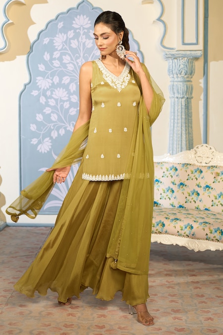 Two Sisters By Gyans x AZA Yellow Georgette Embroidered Pearls V Neck Floral Kurta Sharara Set 