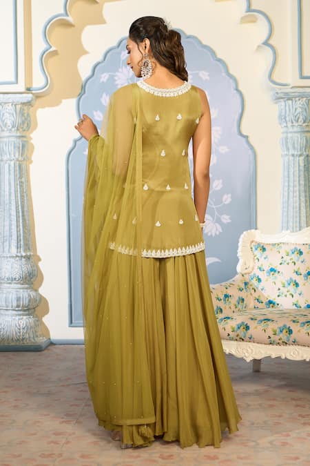 Two Sisters By Gyans X AZA_Yellow Georgette, Net Cut Work, Embroidery, Sequins V-neck Kurta Sharara Set _Online_at_Aza_Fashions