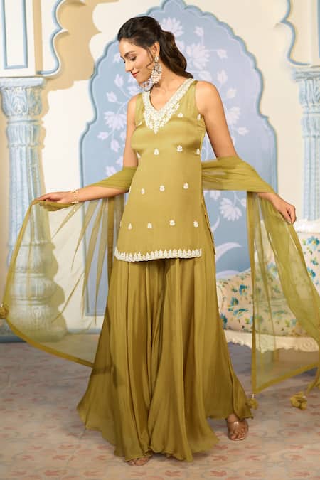 Shop_Two Sisters By Gyans X AZA_Yellow Georgette, Net Cut Work, Embroidery, Sequins V-neck Kurta Sharara Set _Online_at_Aza_Fashions
