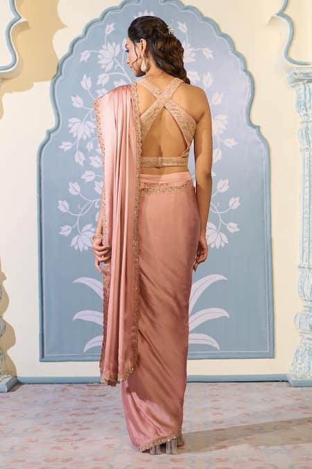 Two Sisters By Gyans X AZA Satin Draped Dhoti Saree With Embroidered Blouse 