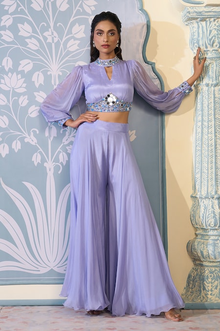 Two Sisters By Gyans x AZA Purple Chinnon Embroidered Sequins Band Collar Crop Top And Sharara Set 