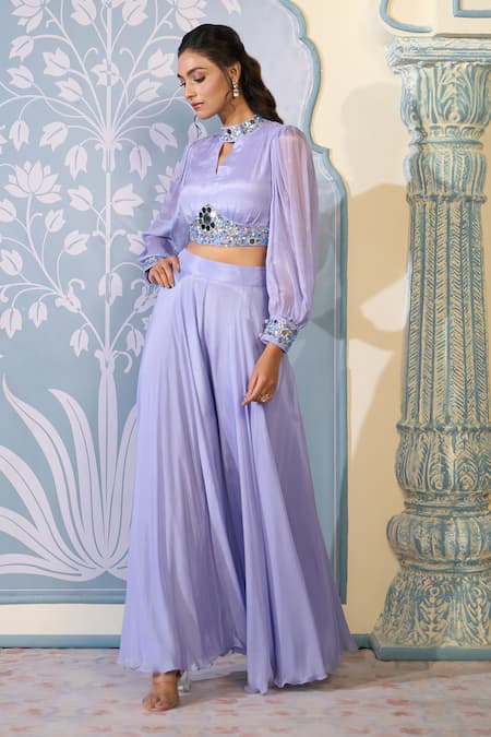 Buy_Two Sisters By Gyans X AZA_Purple Chiffon Sequins, Mirrors Bandeau Neck Embroidered Crop Top And Sharara Set _Online_at_Aza_Fashions