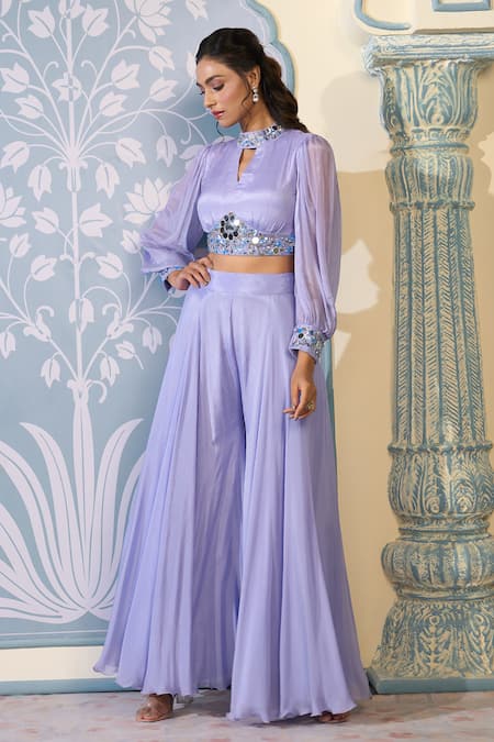 Shop_Two Sisters By Gyans X AZA_Purple Chiffon Sequins, Mirrors Bandeau Neck Embroidered Crop Top And Sharara Set _Online_at_Aza_Fashions