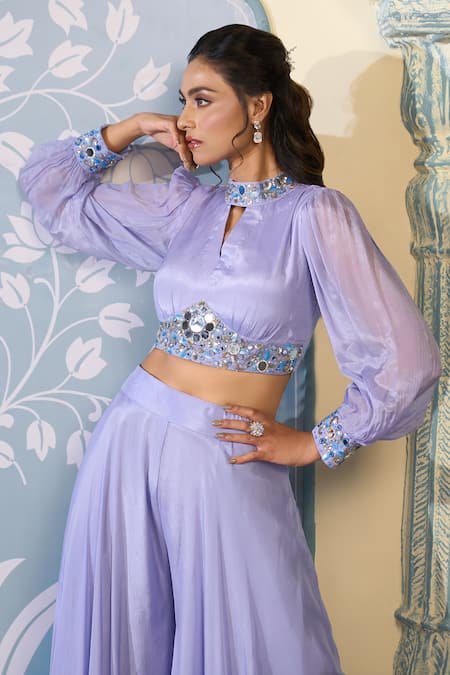 Two Sisters By Gyans X AZA_Purple Chiffon Sequins, Mirrors Bandeau Neck Embroidered Crop Top And Sharara Set _at_Aza_Fashions