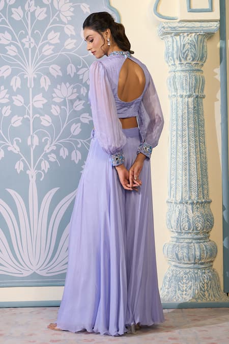 Buy_Two Sisters By Gyans X AZA_Purple Chiffon Sequins, Mirrors Bandeau Neck Embroidered Crop Top And Sharara Set 