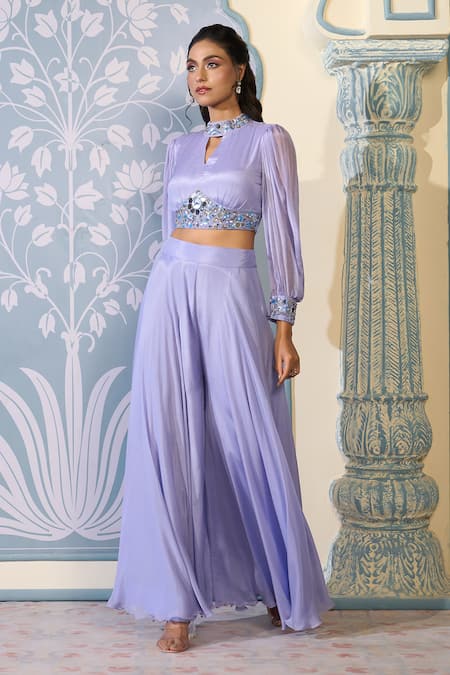 Shop_Two Sisters By Gyans X AZA_Purple Chiffon Sequins, Mirrors Bandeau Neck Embroidered Crop Top And Sharara Set 