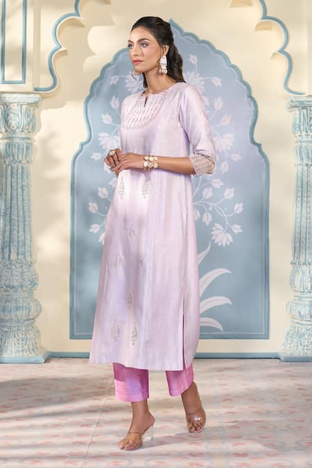 Buy_Two Sisters By Gyans X AZA_Purple Satin, Silk, Organza Zari, Sequins Floral Zardozi Embroidered Kurta Set _Online_at_Aza_Fashions