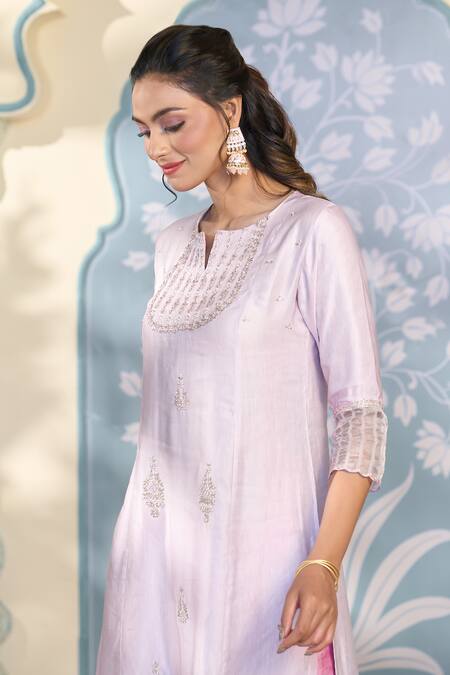 Shop_Two Sisters By Gyans X AZA_Purple Satin, Silk, Organza Zari, Sequins Floral Zardozi Embroidered Kurta Set _Online_at_Aza_Fashions