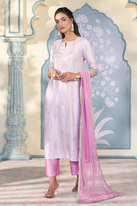 Buy_Two Sisters By Gyans X AZA_Purple Satin, Silk, Organza Zari, Sequins Floral Zardozi Embroidered Kurta Set 
