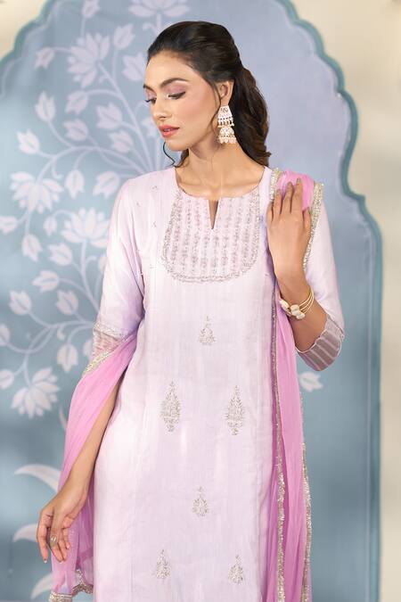 Shop_Two Sisters By Gyans X AZA_Purple Satin, Silk, Organza Zari, Sequins Floral Zardozi Embroidered Kurta Set 