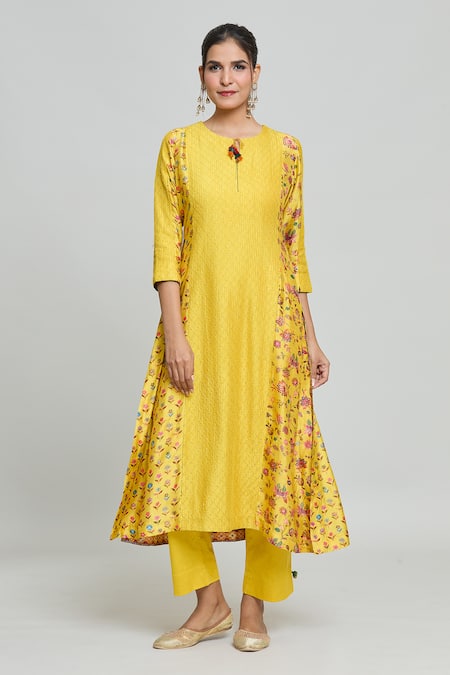 Buy Yellow Slub Silk Printed Floral Round Pintucked Kurta And Pant Set ...