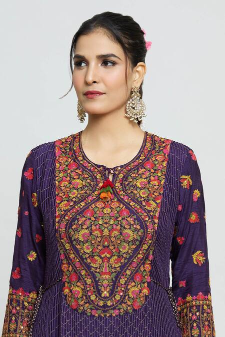 Shraddha Rambhia_Purple Silk Embroidery Round Neck Kashmiri Thread Kurta And Pant Set_Online_at_Aza_Fashions