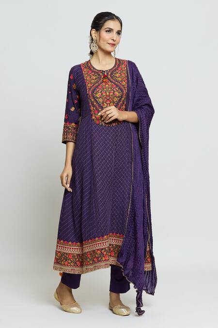 Shop_Shraddha Rambhia_Purple Silk Embroidery Round Neck Kashmiri Thread Kurta And Pant Set_Online_at_Aza_Fashions
