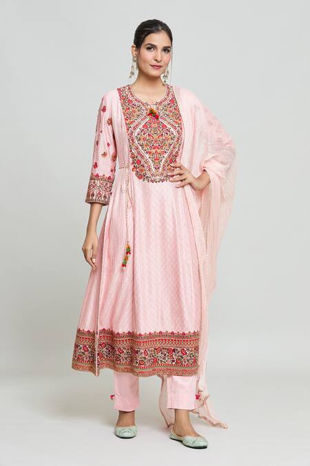 Shop_Shraddha Rambhia_Pink Silk Embroidery Round Neck Kashmiri Thread Work Kurta And Pant Set_Online_at_Aza_Fashions