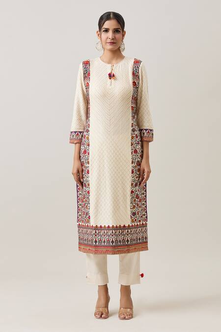 Shraddha Rambhia_Ivory Silk Tassels Round Neck Kashmiri Thread Bahar Embroidered Kurta With Pant_Online_at_Aza_Fashions