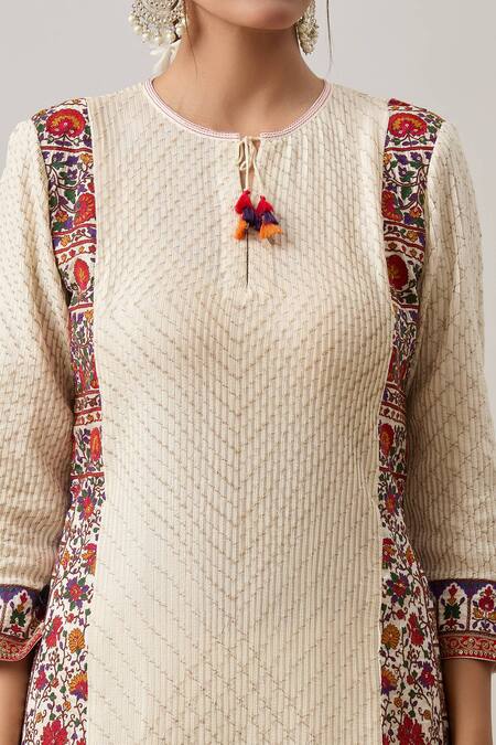 Shop_Shraddha Rambhia_Ivory Silk Tassels Round Neck Kashmiri Thread Bahar Embroidered Kurta With Pant_Online_at_Aza_Fashions