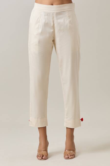 Shraddha Rambhia_Ivory Silk Tassels Round Neck Kashmiri Thread Bahar Embroidered Kurta With Pant_at_Aza_Fashions