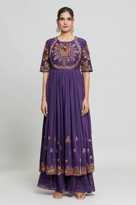 Shraddha Rambhia_Purple Silk, Organza Embroidery Round Neck Gardenia Anarkali With Palazzo_Online_at_Aza_Fashions