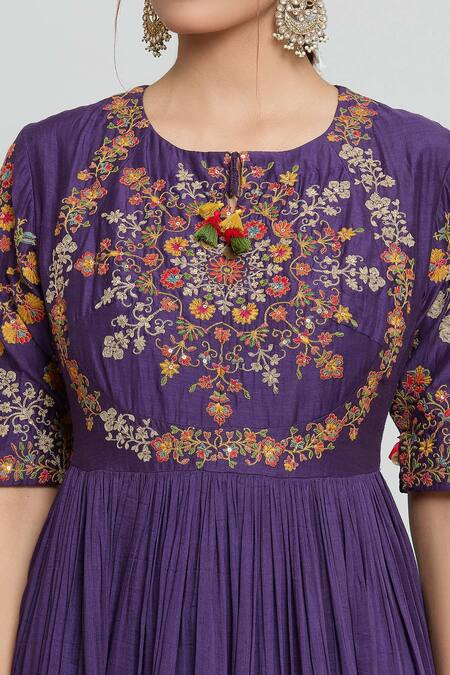 Shraddha Rambhia_Purple Silk, Organza Embroidery Round Neck Gardenia Anarkali With Palazzo_at_Aza_Fashions