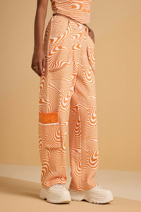 Buy_Muvazo_Orange Cotton, Polyester Maze Mystique Pant _Online_at_Aza_Fashions