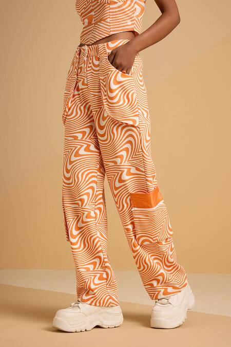 Shop_Muvazo_Orange Cotton, Polyester Maze Mystique Pant _Online_at_Aza_Fashions