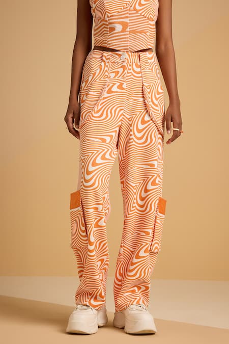 Muvazo_Orange Cotton, Polyester Maze Mystique Pant _at_Aza_Fashions