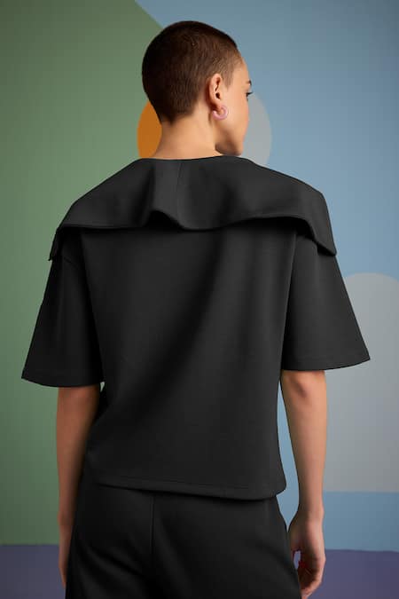 Shop_Muvazo_Black Cotton, Polyester Collared Eclectic Enchantment Top With Pant _at_Aza_Fashions