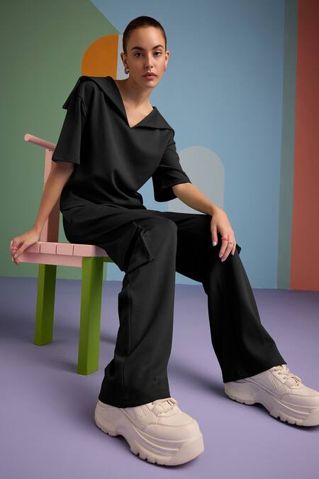 Muvazo_Black Cotton, Polyester Collared Eclectic Enchantment Top With Pant _Online_at_Aza_Fashions