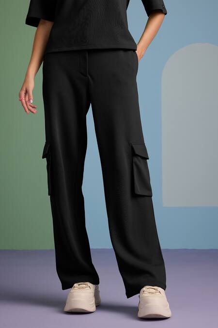 Shop_Muvazo_Black Cotton, Polyester Collared Eclectic Enchantment Top With Pant _Online_at_Aza_Fashions