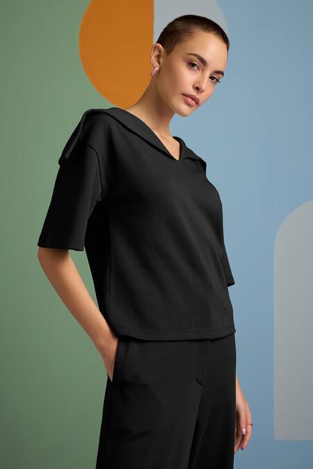 Muvazo_Black Cotton, Polyester Collared Eclectic Enchantment Top With Pant _at_Aza_Fashions