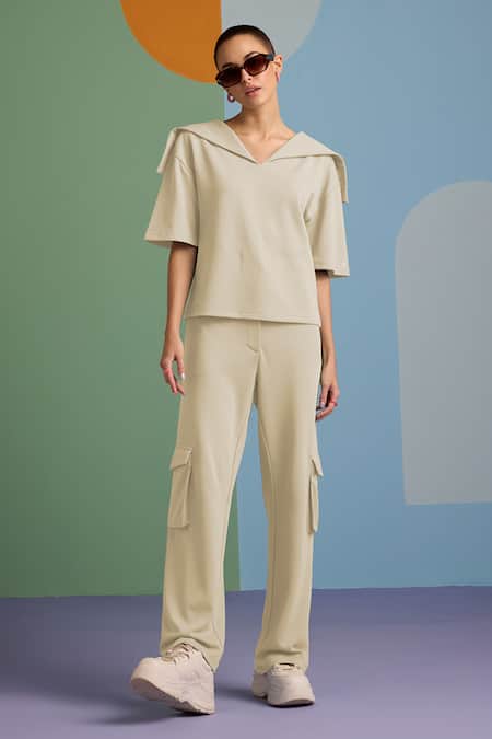 Muvazo Beige Cotton, Polyester Collared Eclectic Enchantment Plain Top With Pant 